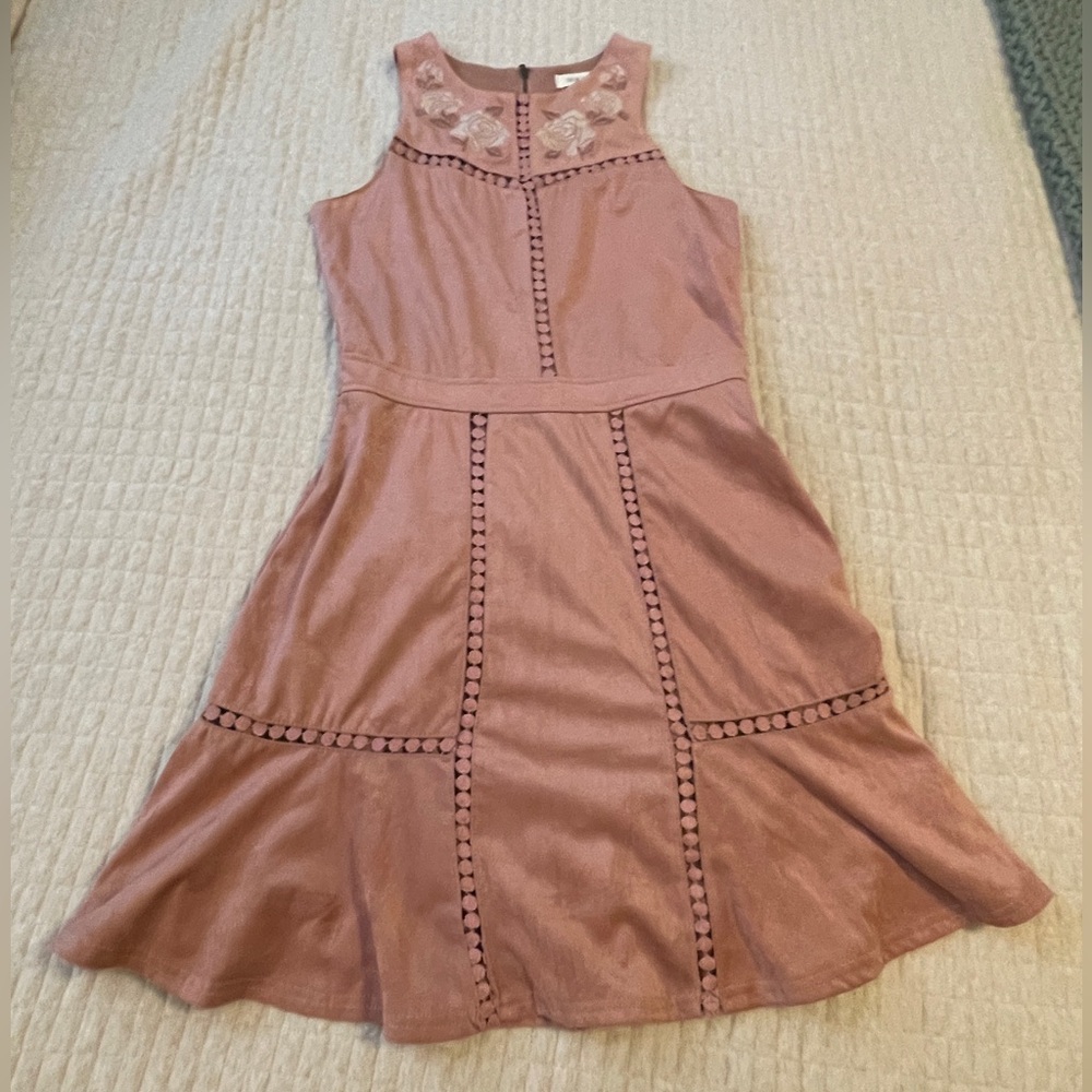 Brand New Suede dress with rose embroidery. Size Medium